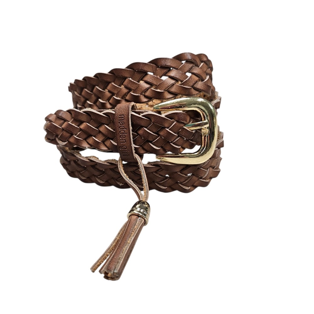 Madden Girl Women's Brown Woven Faux Leather Belt Gold Buckle Tassel Detail 38
